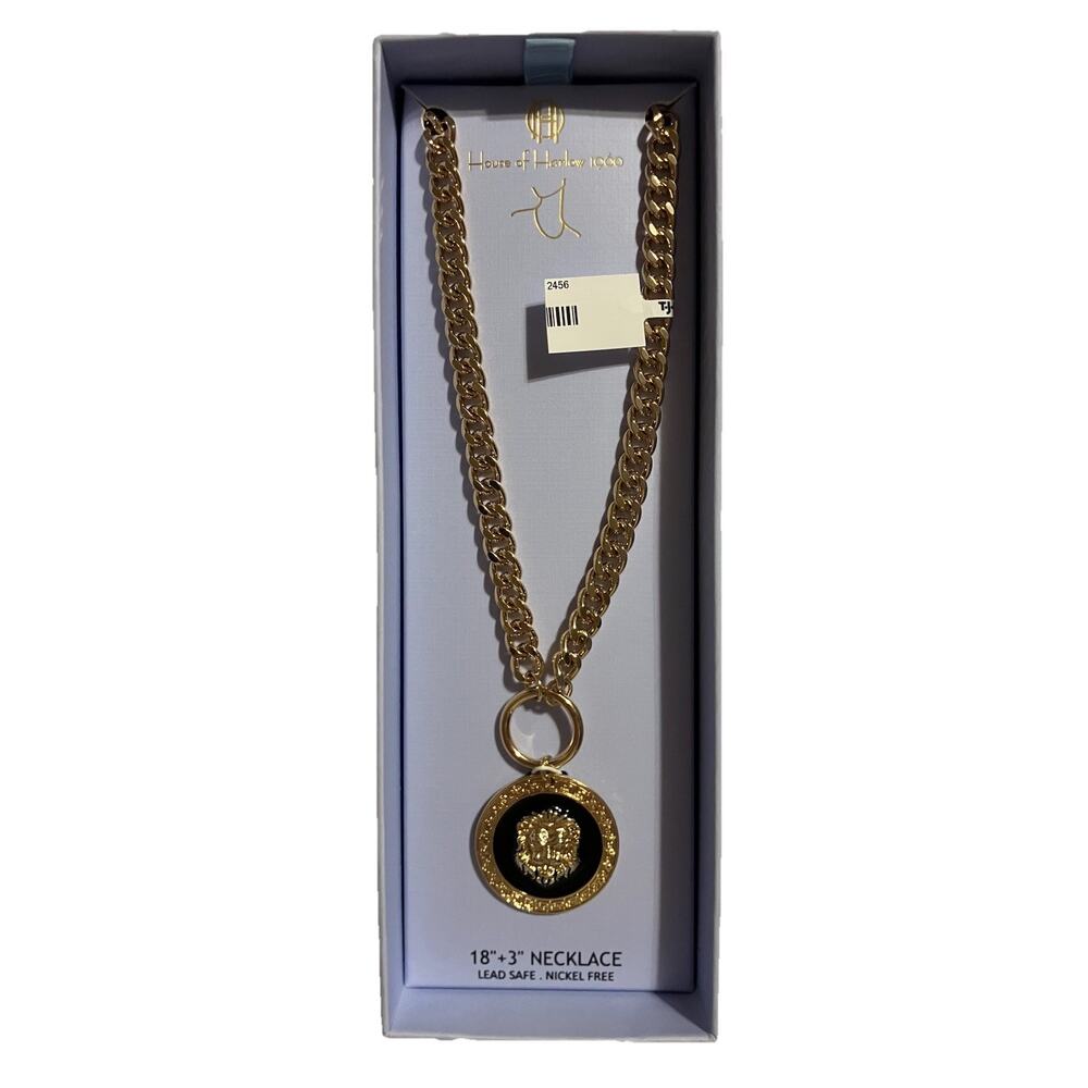 House of Harlow 1960 Necklace Gold-tone 3D Lion Head Medallion Cuban Chain 18”